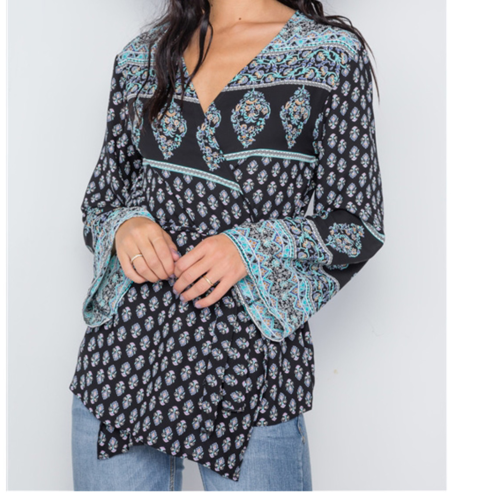 Long Kimono Sleeves Boho Wrap Top - Picture 2 of 7